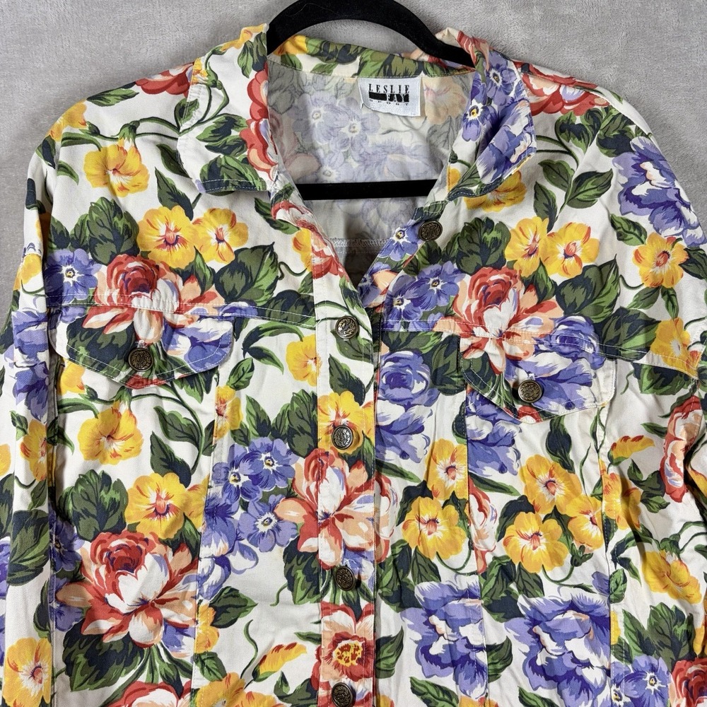 Vintage Floral Short Denim Jacket Size L Retro 90s Colorful Whimsical Garden - Picture 3 of 8